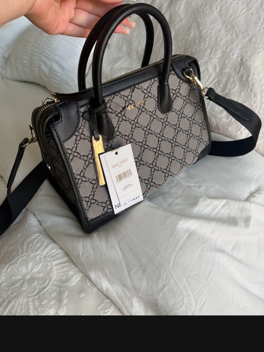 Nine West Black and Gray Logo-Print Satchel